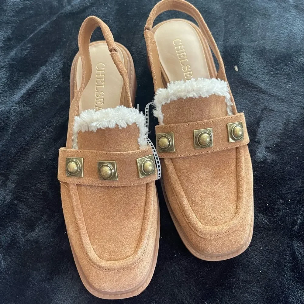 Chelsea & Violet tan suede sling‎ back mules, new without tags, size 7